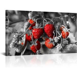 OuElegent Black and Red Strawberry Canvas Wall Art Fresh Fruits Picture Kitchen Wall Art Painting Home Decor Framed Ready to Hang 20"x36"