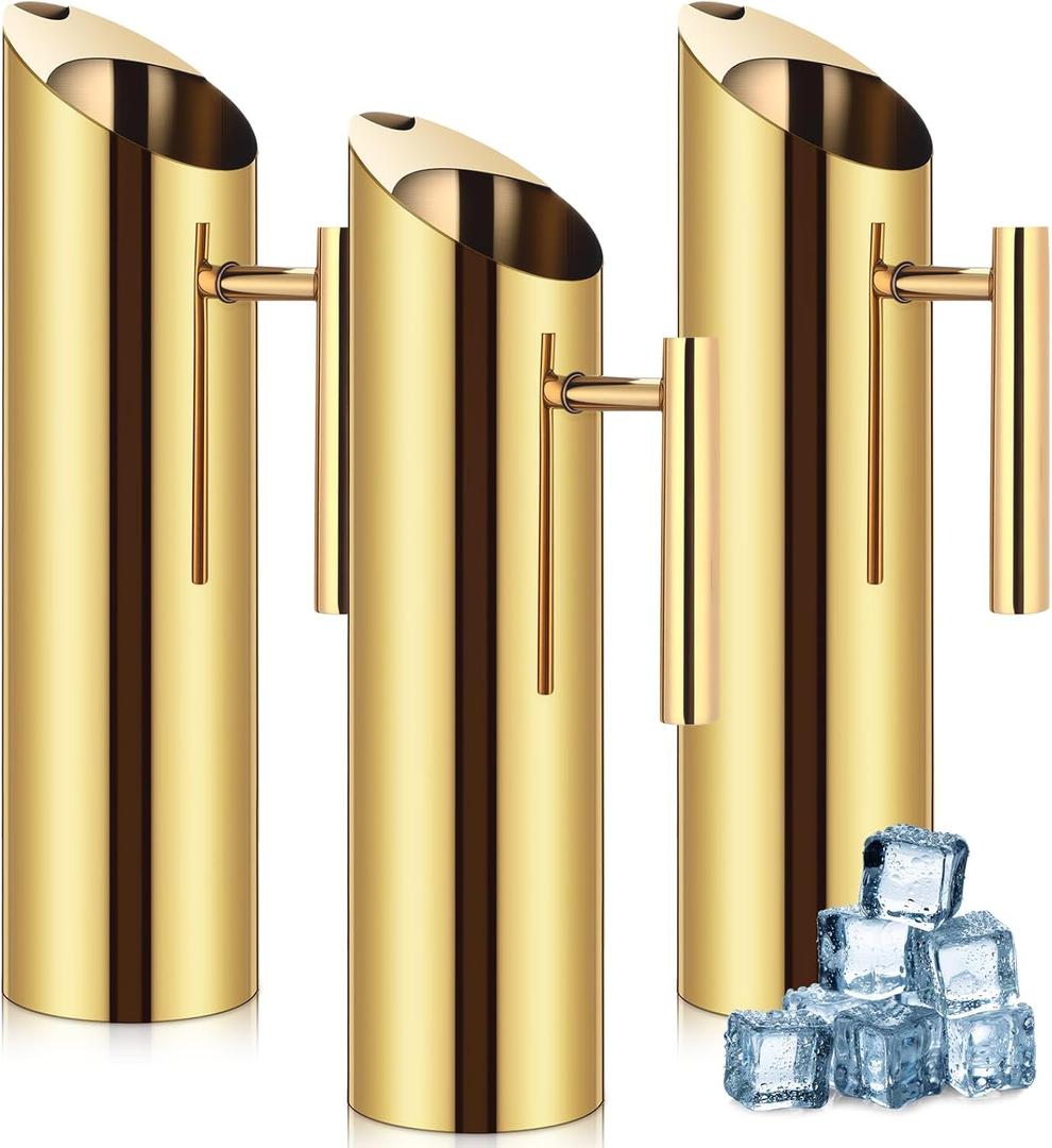 3 Pack 70oz/2l Stainless Steel Water Pitcher Modern Metal Pitcher with Ice Guard Silver Carafe Drink with Handle or Iced Hot Drink Tea Juice Coffee Beer (Gold)