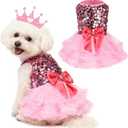 SCENEREAL Pink Dog Dress Princess Costume, Sparkly Tutu Dresses Bowknot Vest Funny Pet Halloween Costumes, Puppy Queen Outfit Christmas Birthday Clothes for Small Medium Girl Dogs Large Big Cats S