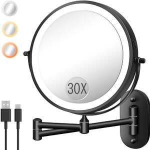 Wall Mounted Makeup Mirror with Light, 30X/1X 8'' Double Sided LED Magnifying Bathroom Lighted Vanity Mirror with Magnification, 3 Color Light up Touch Dimmable Extended Arm 360 Rotation