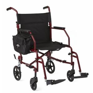 Medline Lightweight Steel Transport Chair, Folding Chair is Portable, Large 8in Back Wheels, 19in Wide Seat, Red