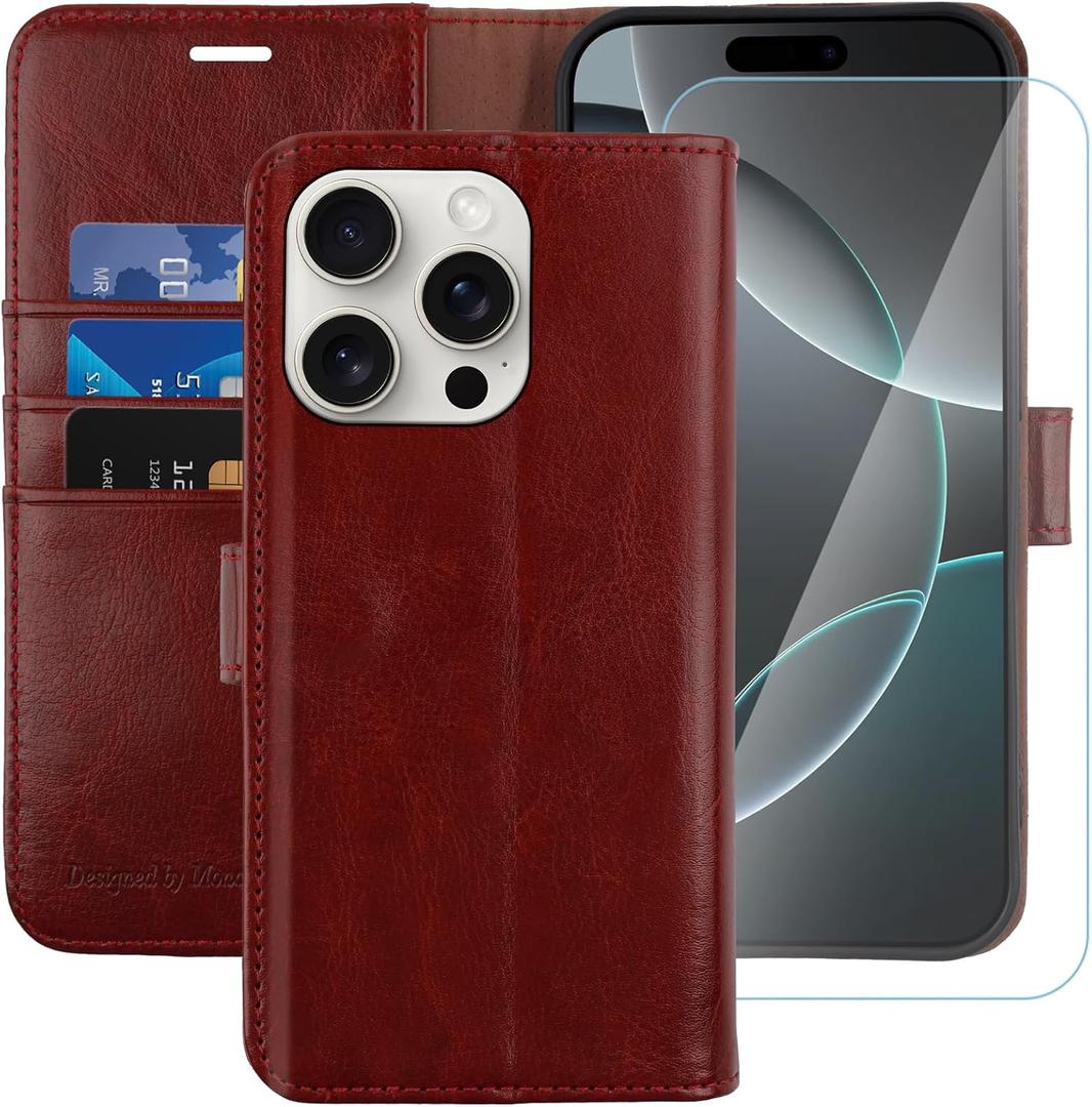 MONASAY Wallet Case Compatible for iPhone 16 Pro 5G, [Glass Screen Protector Included] [RFID Blocking] Flip Folio Leather Cell Phone Cover with Credit Card Holder, 6.3-inch, Burgundy