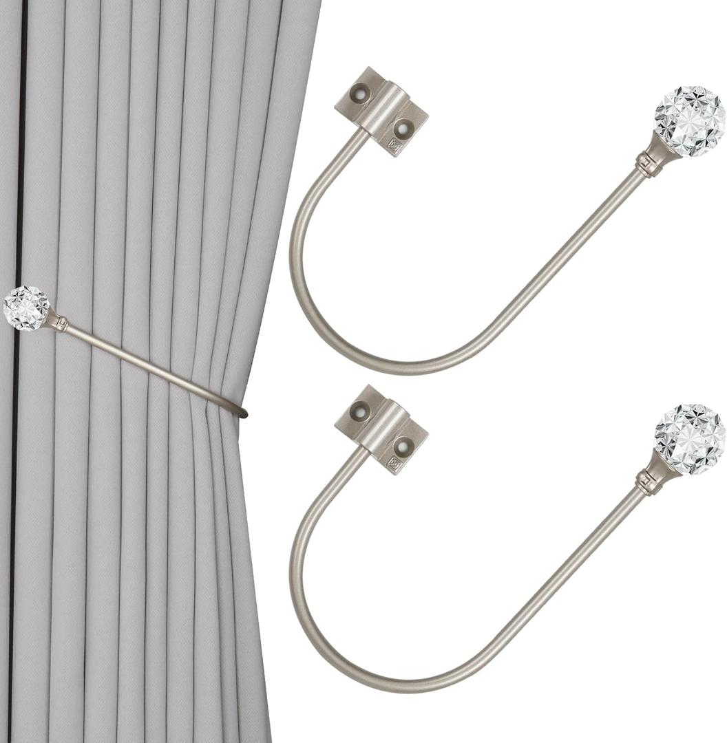 Upgraded Curtain Tiebacks Set of 2 - Wall Mounted Heavy Duty Adjustable Curtain Holdbacks for Heavy Curtains,U-Shaped Curtain Pull Backs with 180Flexible Angle (2, Silver with Crystal Ball)