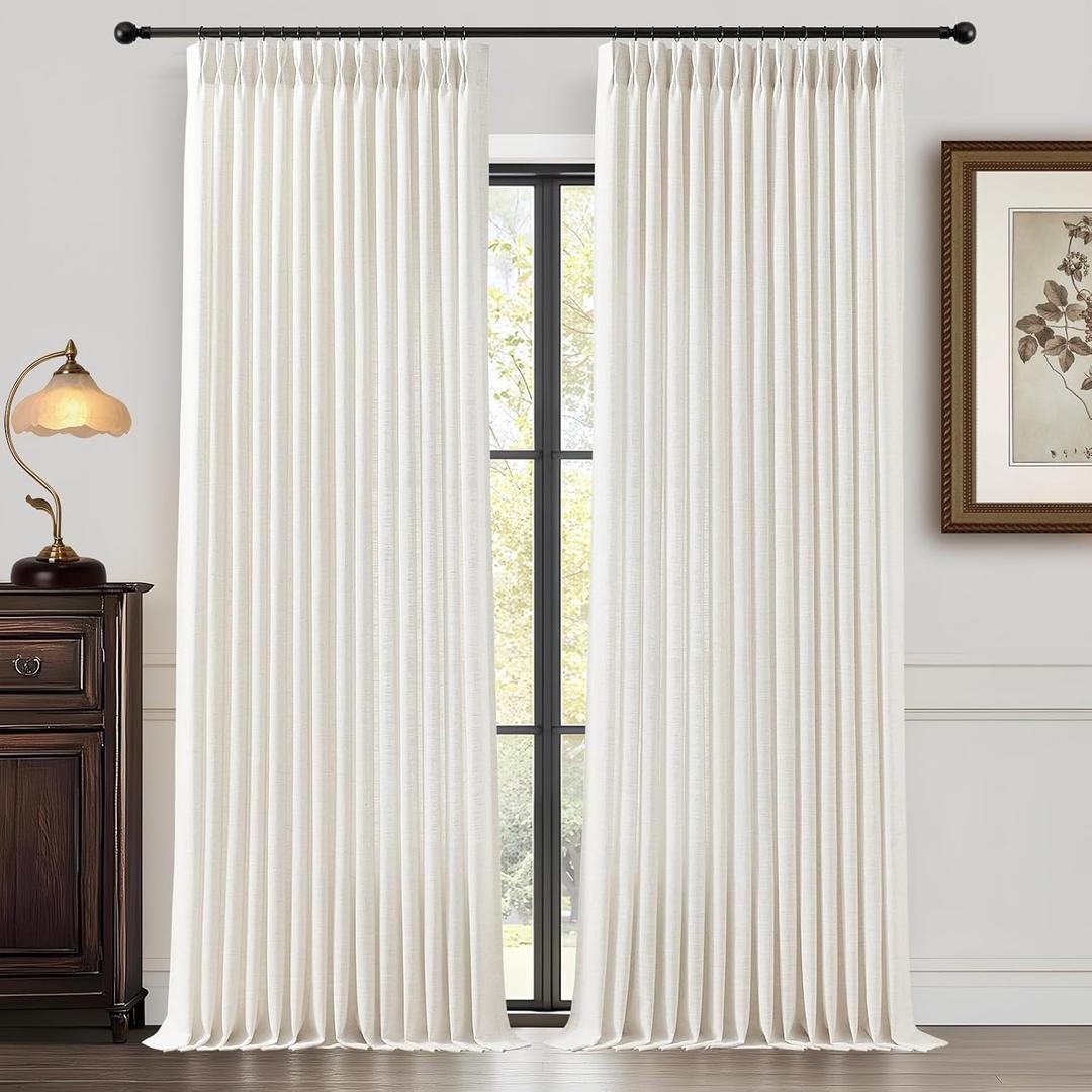 90 Inch Curtains Pinch Pleated Linen Curtain for Living Room, Floor to Ceiling Light Filtering Pleat Drapes Natural Textured Thick Semi-Sheer Window Curtains with Hooks for Bedroom Farmhouse, 2 Panels