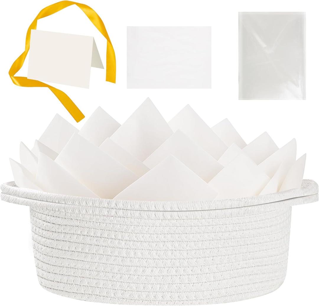 woric Woven Basket Gift Basket Storage Baskets with Handles for Wedding Gifts Empty Mothers Day Graduation Gifts Stuffers Baby Shower Toy (White 12"X 8" X 5" with Gift Bag Card Ribbon Tissue Paper)