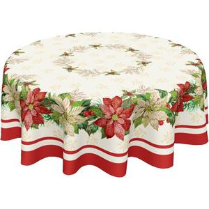 Kawani Christmas Round Tablecloth 55 Inch Red and White Christmas Floral Leaves Table Cloth Winter Xmas Farmhouse Polyester Table Cover for Holiday Kitchen Dining Room Party Indoor Outdoor Decor
