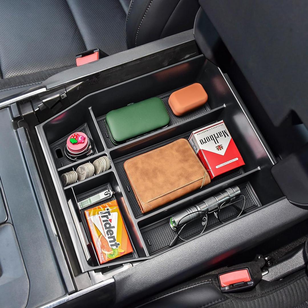 TACOBRO Center Console Tray Compatible with Ford F150 2021 2022 2023 Accessories, F-150 (40/Console/40 Front-Seats ONLY) Armres Insert Tray, NOT FIT 2024-2025, Black Trim