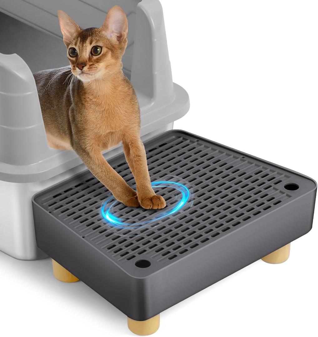 Extra Large Cat Litter Box Step Ramp, Cat's Litter Catcher Mat with Wooden Feet, Filter Function, Pedal Stool for Self-Cleaning Cat Litter Box, Ideal for Kitten & Elderly Cats (Dark Grey)