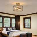 2-Light Semi Flush Mount Brushed Brass Ceiling Light Fixture, Farmhouse Industrial Metal Cage with Adjustable Height, Dimmable for Hallway Entryway Kitchen Bedroom Foyer Laundry Low Ceiling, Brushed Gold Semi Flush Ceiling Light