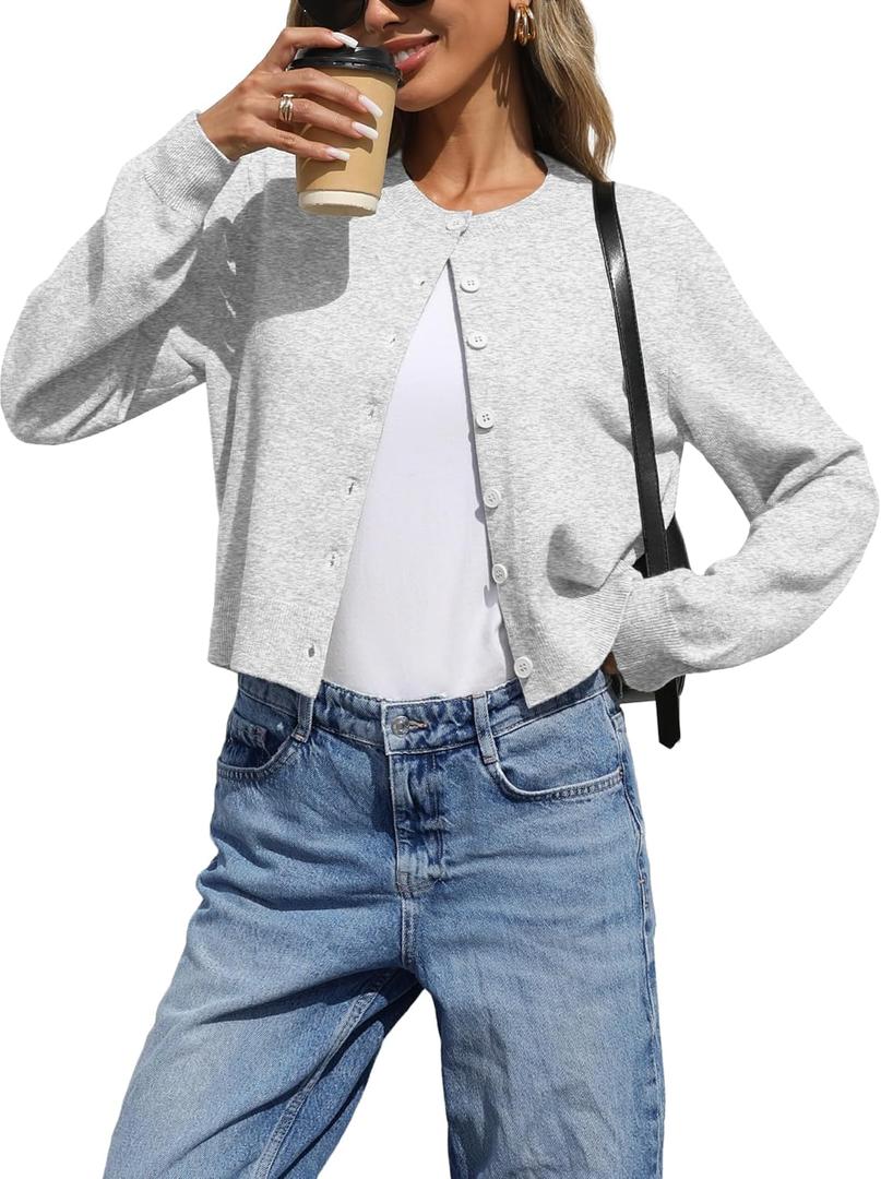 2 x ELLEVEN Women's Cropped Cardigan Sweaters, Light Weight Knit Sweater Cute Short Button up Cardigans Trendy Fashion Clothing (Gray, XS)