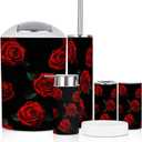 Bathroom Accessory Set 6 Piece Beautiful Pattern red Roses Black Toothbrush Holder, Toothbrush Cup, Soap Dispenser, Soap Dish, Toilet Brush Holder, Trash can for Countertop Rustic Decor