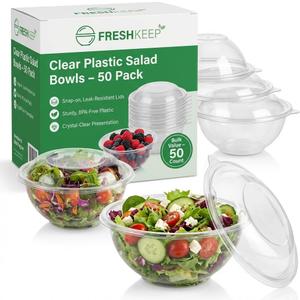 Mr Miracle Clear 48 Ounce Plastic Salad Bowls with Snap-On Lids. Pack 50. Airtight Disposable Salad Containers for Lunch, Meal Prep, Parties. Ideal as Disposable Salad Bowls with Lids
