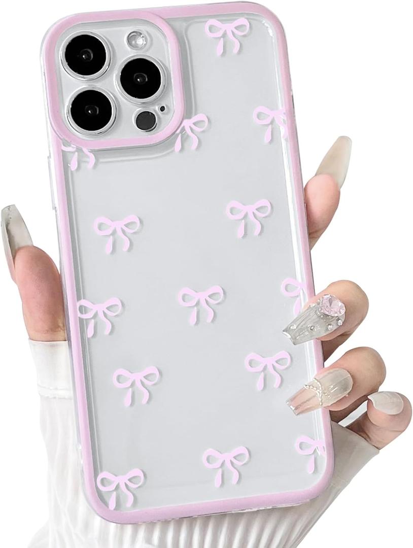 NITITOP Compatible with iPhone 14 Pro Max Case Cute Clear Durable Ribbon Bowknot Pattern for Girls Women Soft TPU Transparent Full Camera Lens Shockproof Protective Phone Cover - Pink