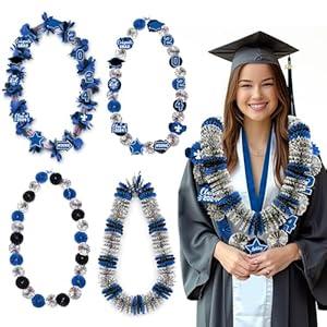 Graduation Money Lei, Class of 2024 Candy Lei Kit with DIY Flower Sticker Pieces, Congrats Senior High School College Grad Party Supplies Blue & Black Set of 6 No Money Included