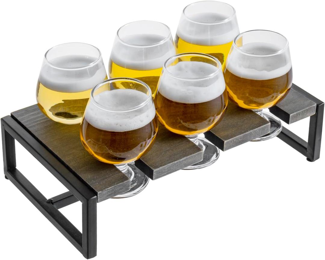 MyGift 7 Pcs Whiskey Sampler Flight Board Tasting, Beer Gift Set, Server Tray with 6 Small Snifter Sipping Glasses, Urban Industrial Vintage Gray Weathered Solid Wood and Black Metal