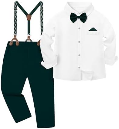 DISAUR Boys Suits 3 Pieces Formal Dress Shirt with Bowtie+Suspender Pants Boy Gentleman Outfits, 7-8T