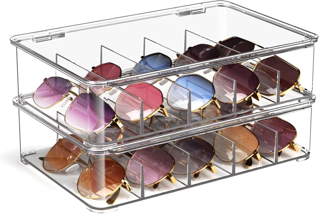 FUNGRINS Sunglasses Organizer, acrylic Clear Plastic Stackable sunglasses case with 5 Compartments, Glasses Organizer sunglasses holder for Multiple Pairs of glasses -2 Pack