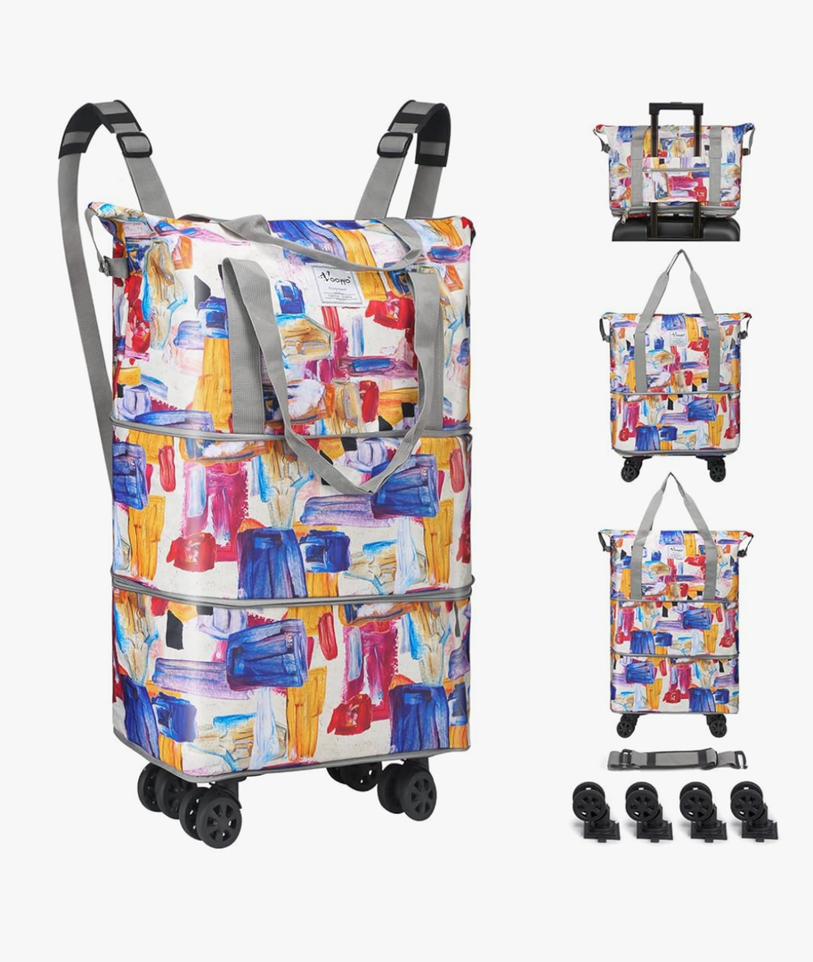 VOOWO Duffel Bag with Wheels - Rolling Foldable Expandable Duffle Bag with Wheels for Travel, Rolling Luggage Carry On Bag with Wheels, Large Rolling Backpack Weekend Bags for Men Women (Gray)