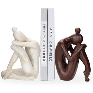 Decorative Bookends for Shelves, Unique Book Ends for Home Office Decor, Meditation Girl Statue Book Stopper for Bookshelf Decor, Modern Abstract Aesthetic Decoration White & Brown