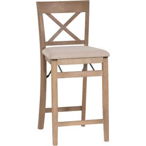 Linon Triena X Back Neutral Greywash Wooden Fully Assembled Folding 24 Inch Seat Height Counter Stool with Beige Upholstered Seat