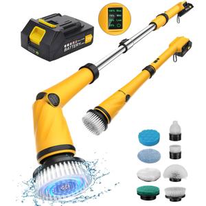 Qimedo Upgrade 1200 RPM Battery Electric Spin Scrubber, Highly Powerful Cordless Cleaning Brush with Smart Display, Electric Tile Floor Scrubber with 8 Brushes, Battery Powered Shower Scrubber (Scrubber with 49.5-Inch Handle, Yellow)