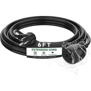 6FT Waterproof Outdoor Extension Cord,IPX6 Waterproof,Cold Weather & Fireproof,Heavy Duty 3 Prong Cable,18AWG 125V 10A,FCC/ETL Certified