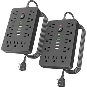 JouleLoom 2PCS 6 FT Flat Plug Surge Protector Power Strip,11 Multiple AC Outlets with 6 USB Ports (2 USB C), 6 Feet Extension Cord, 1250W/10A, One Touch Switch Button, 17 in 1 Compact powerstrip