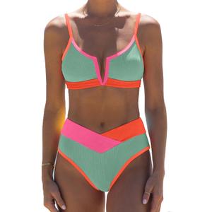 HYTENSUN Women's High Waisted Colorblock V Cut Bikini Ribbed V-Wired High Cut Cami Two Pieces Swimsuit HYTENSUN Women's High Waisted Colorblock V Cut Bikini Ribbed V-Wired High Cut Cami Two Pieces Swimsuit