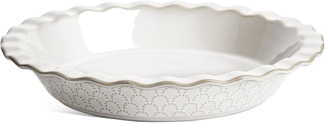 LE TAUCI Ceramic Pie Pans for Baking, 9 Inch Pie Plate for Apple Pie, Round Baking Dish, 36 oz Deep Dish Pie Pan - Set of 1, Fireworks, Arctic White