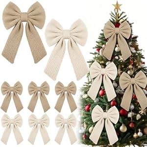 Canlierr 6 Pcs Knitted Large Christmas Bows 18in Big Crochet Christmas Tree Bow Neutral Ribbon Bow Hanging for Tree Topper Winter Party Wreath Garland Fireplace Holiday Decorations(Beige, Khaki)