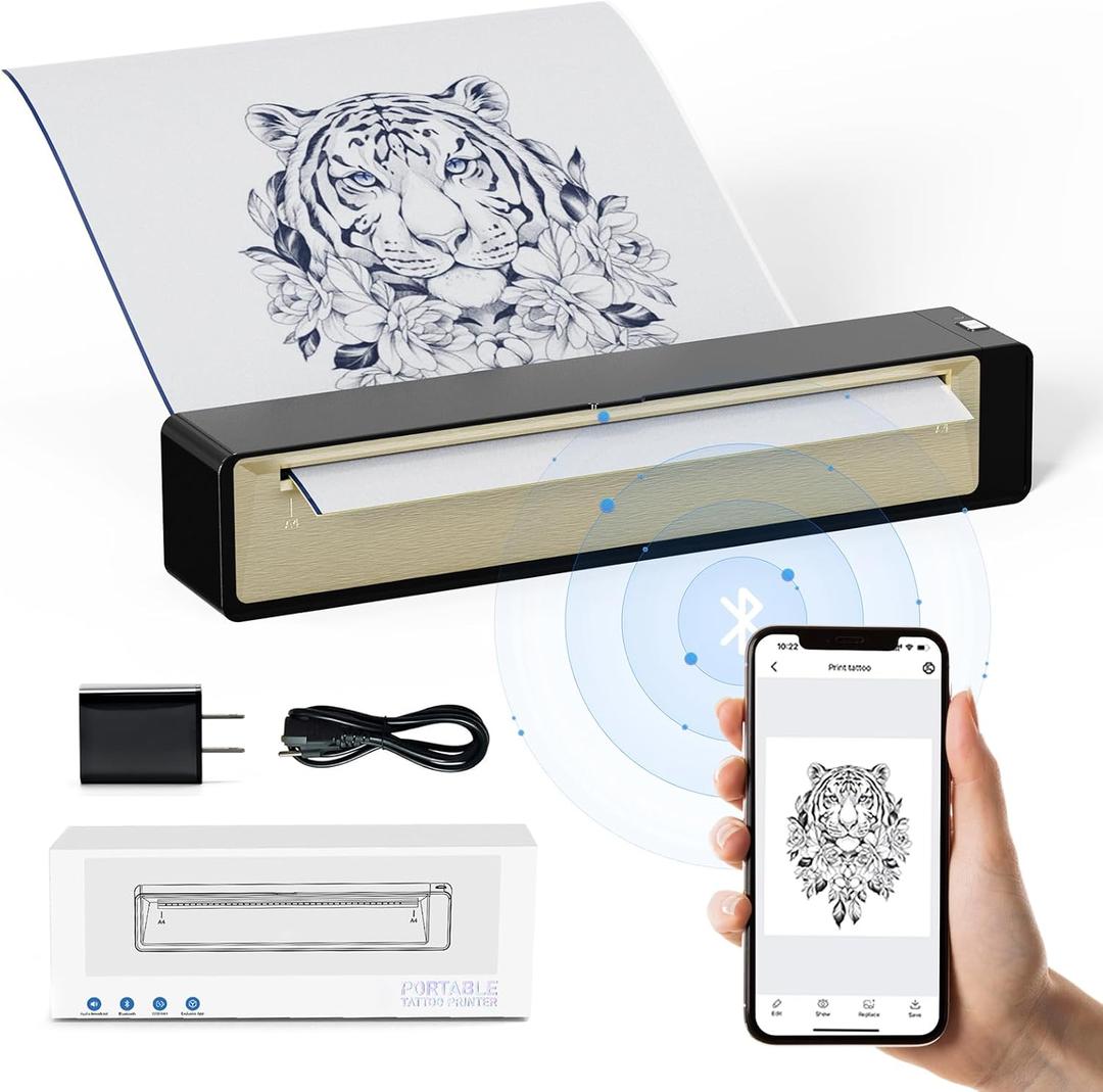 PT08 Tattoo Stencil Printer, Wireless Bluetooth, Thermal, Black, A4, Portable, Lightweight