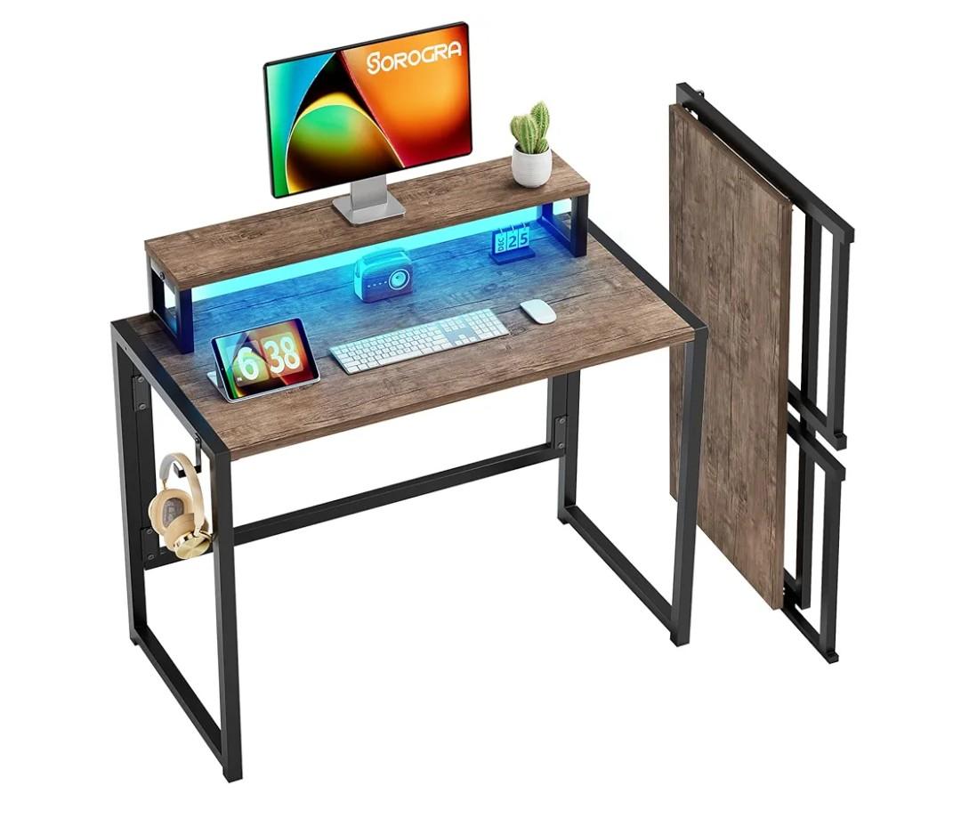 Small Folding Desk 31.5 Inch, Foldable Computer Desks with LED Lights and Monitor Stand, Work Portable Table for Bedroom Home Office, Brown