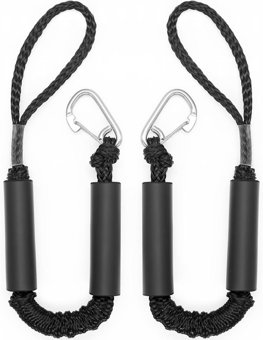 2 PK Bungee Dock Lines for Boats 2FT with 316 Stainless Clip Boat Accessories Marine Grade Boat Rope Boating Accessories Boat Dock Lines Jet Ski or PWC Mooring Boat Lines & Dock Ties (Black, 2 FT)