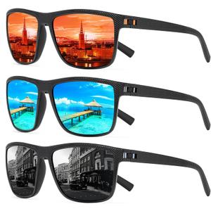 Square Polarized Sunglasses for Men and Women Lightweight Frame Sun Glasses with UV Protection (A01 Black/Black+black/Blue+black/Red)