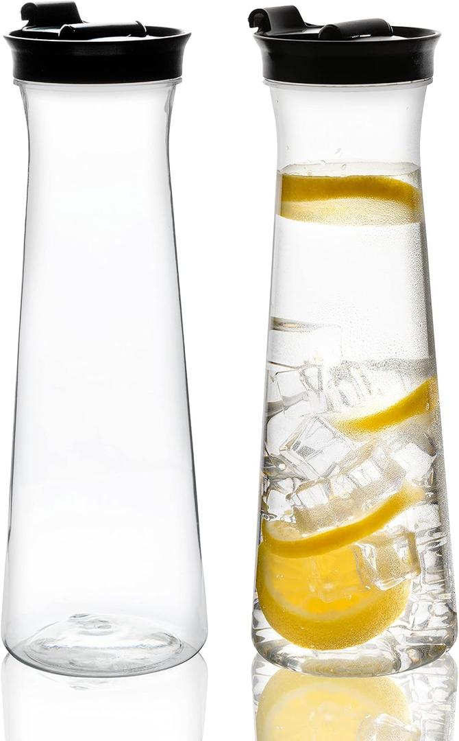 Clear Plastic Water Pitchers Carafes with Flip top Black Lids 34 OZ Heavy Duty Beverage Pitcher Jug for Juice or iced Coffee Great for Mimosa bar Restuarants ot Schools Pack of 2