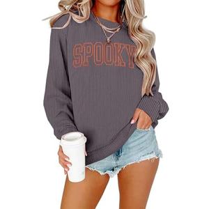QLIPIN Spooky Season Sweatshirt Womens Halloween Sweatshirt Spooky Fall Ribbed Textured Knit Long Sleeve Pullover Tops M