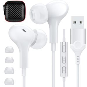 USB Headphones with Microphone for Laptop, 7.5ft Magnetic Wired Earbuds Noise Isolation in-Ear Earphones with Mute Volume Control Stereo Bass for PC Desktop Dell HP Acer Laptop Meetings/Music,School (White)