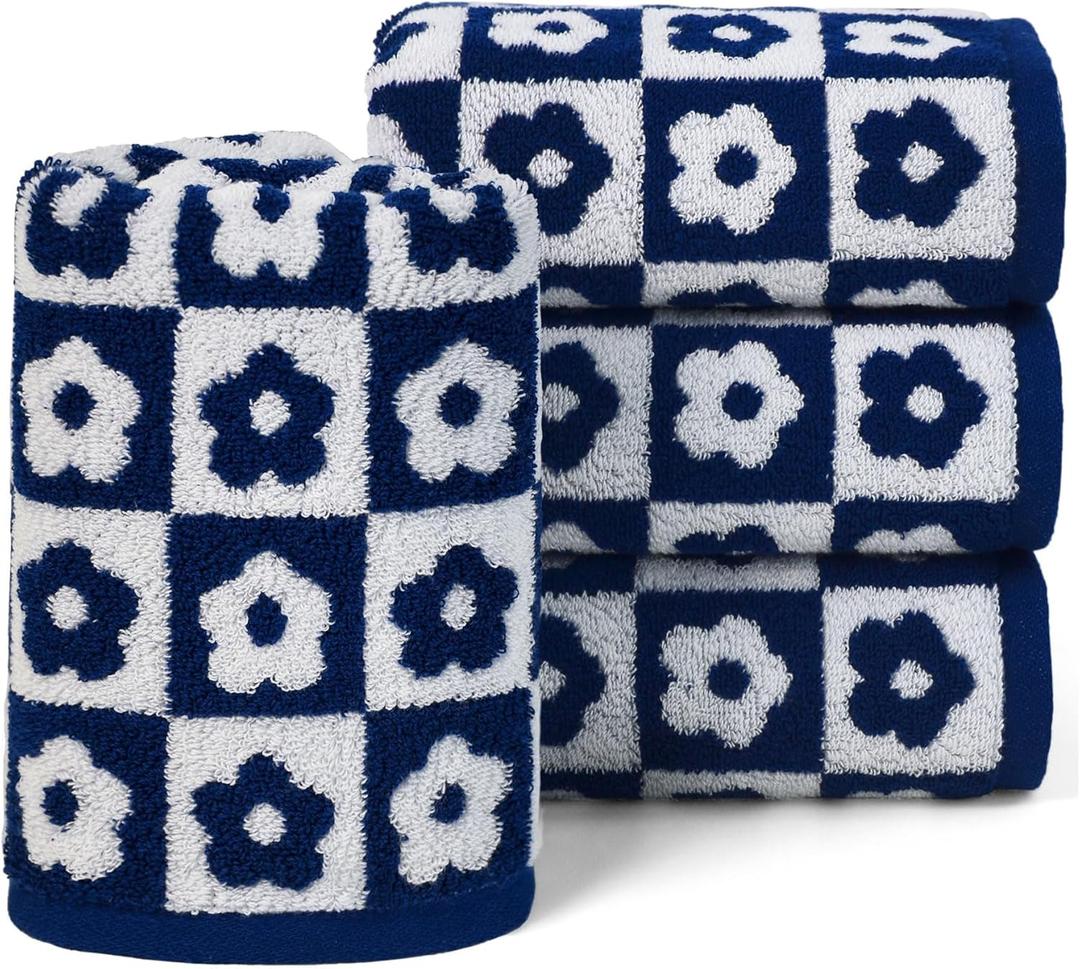 Jacquotha Hand Towels for Bathroom Navy Blue & White - Checkered Floral Decorative Hand Towel Set of 4, 100% Cotton, 13x29 Inches
