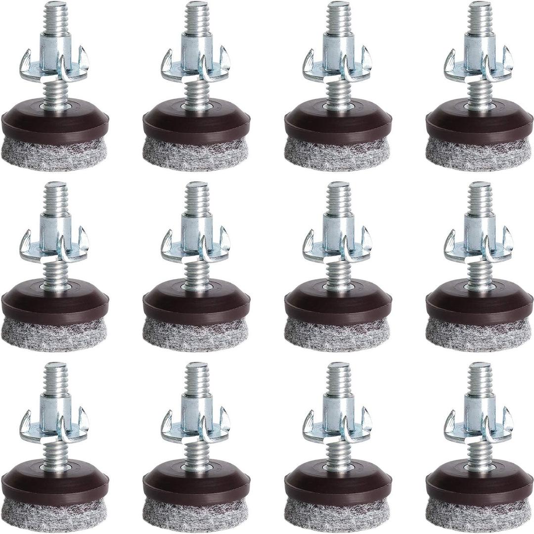 Anwenk Furniture Levelers Adjustable Furniture Feet Leveling Table Chair Levelers T-Nut Leg Levelers with High-Density Felt, 1/4-20x1" Threaded Shank T-Nuts,12 Pack
