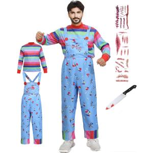Halloween Chucky Costume for Kids Adult Good Guys Doll Childs Play Cosplay Jumpsuit Includes Tattoo Scars and Prop Knife (X-Large)