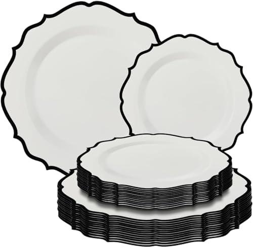 Contemporary Collection Combo White Plates with Black Rim - 7.5" - 10.5" (Pack of 32) - Sleek Modern Design - Perfect for Entertaining & Everyday Use