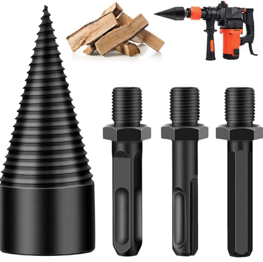 Firewood Log Splitter, Wood Log Splitter, Easy Splitter Detachable Drill Bit Heavy Duty Electric Drills Screw Cone Driver Removable (Round+Square+Hex 32mm)(Black)