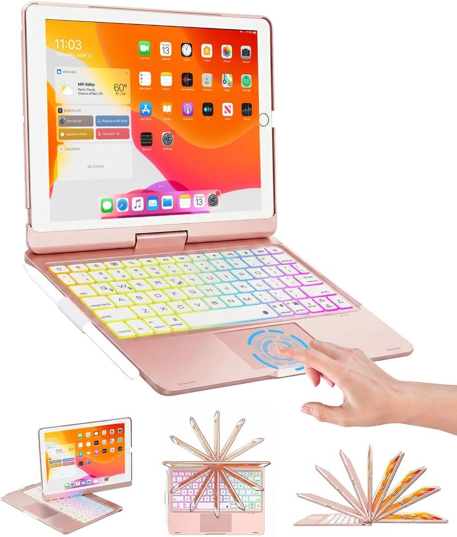 BABG iPad 9th Generation Case with Keyboard,360 Rotatable,Touchpad,Backlit Keyboard with Pencil Holder for 10.2 inch iPad 9th Gen 2021/ 8th Gen 2020/7th Gen 2019 and iPad Air 3/Pro 10.5"-Rose Gold