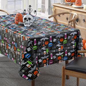 Newbridge Halloween Party Ghosts and Bats 52 x 70 Inch Rectangle Vinyl Tablecloth with Flannel Backing, Spooky Black Ghost and Bat Print, Easy Care Wipe Clean Table Cover
