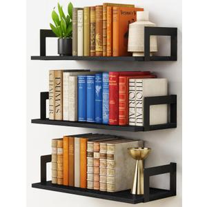 Wall Mounted Bookshelf, Floating Bookshelves for Bedroom, 17 Inches Long Wall Mount Book Shelves for Living Room Office Books, Black Wall Book Holder Bookcase (Set of 3)