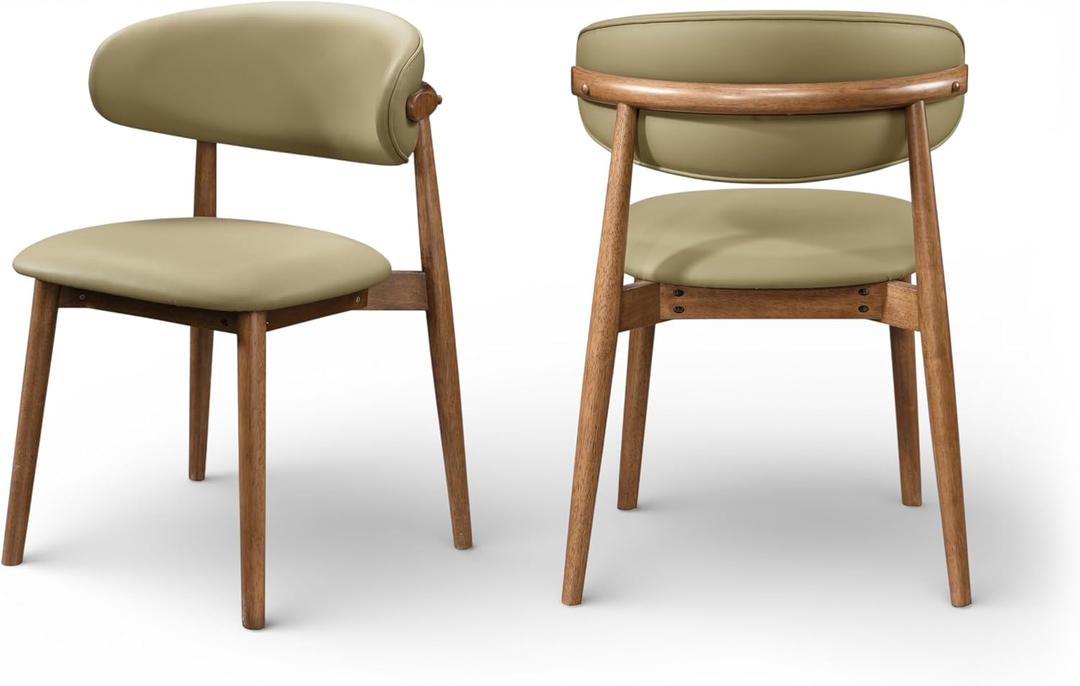 Meridian Furniture 88034Khaki-C Leesa Collection Mid-Century Modern Dining Chair with Soft Vegan Leather, Solid Wood Frame, Oak Veneer, 18.5" W x 22.5" D x 31.25" H, Khaki/Stained Brown, Set of 2