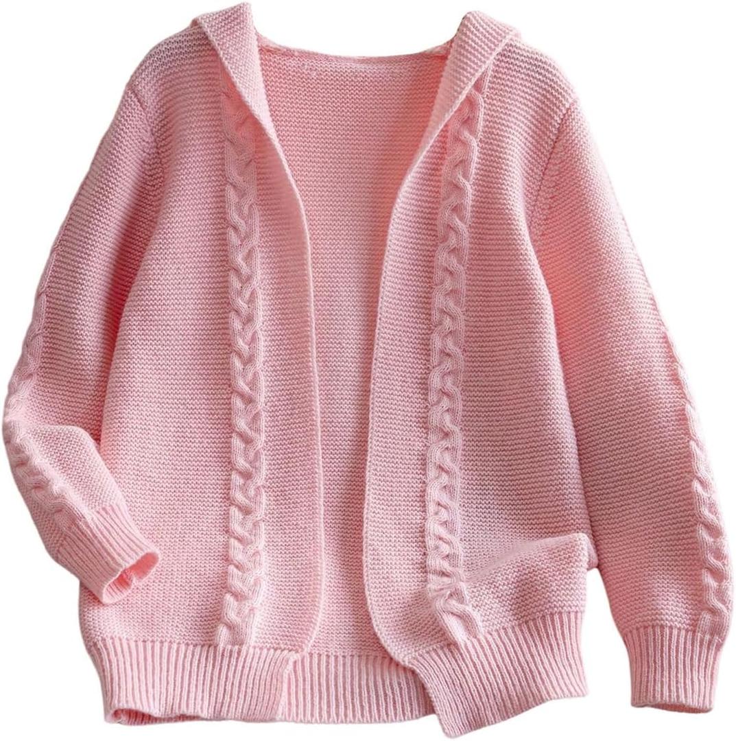 GORGLITTER Girl's Cable Knit Sweater Cardigan Long Sleeve Open Front Hooded Sweater Cute Fall Clothes, 10Y