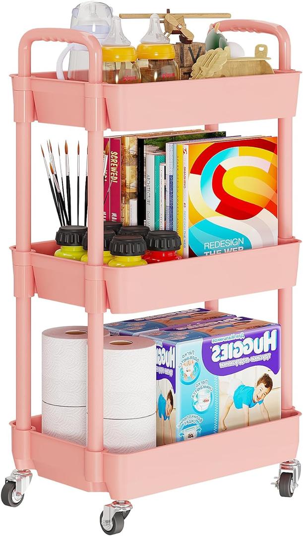 Laiensia 3-Tier Rolling Cart with Wheels,Multifunction Utility Storage carts, Kitchen Storage Organizer,Mobile Shelving Unit for Bathroom,Laundry,with Classified Stickers,Pink