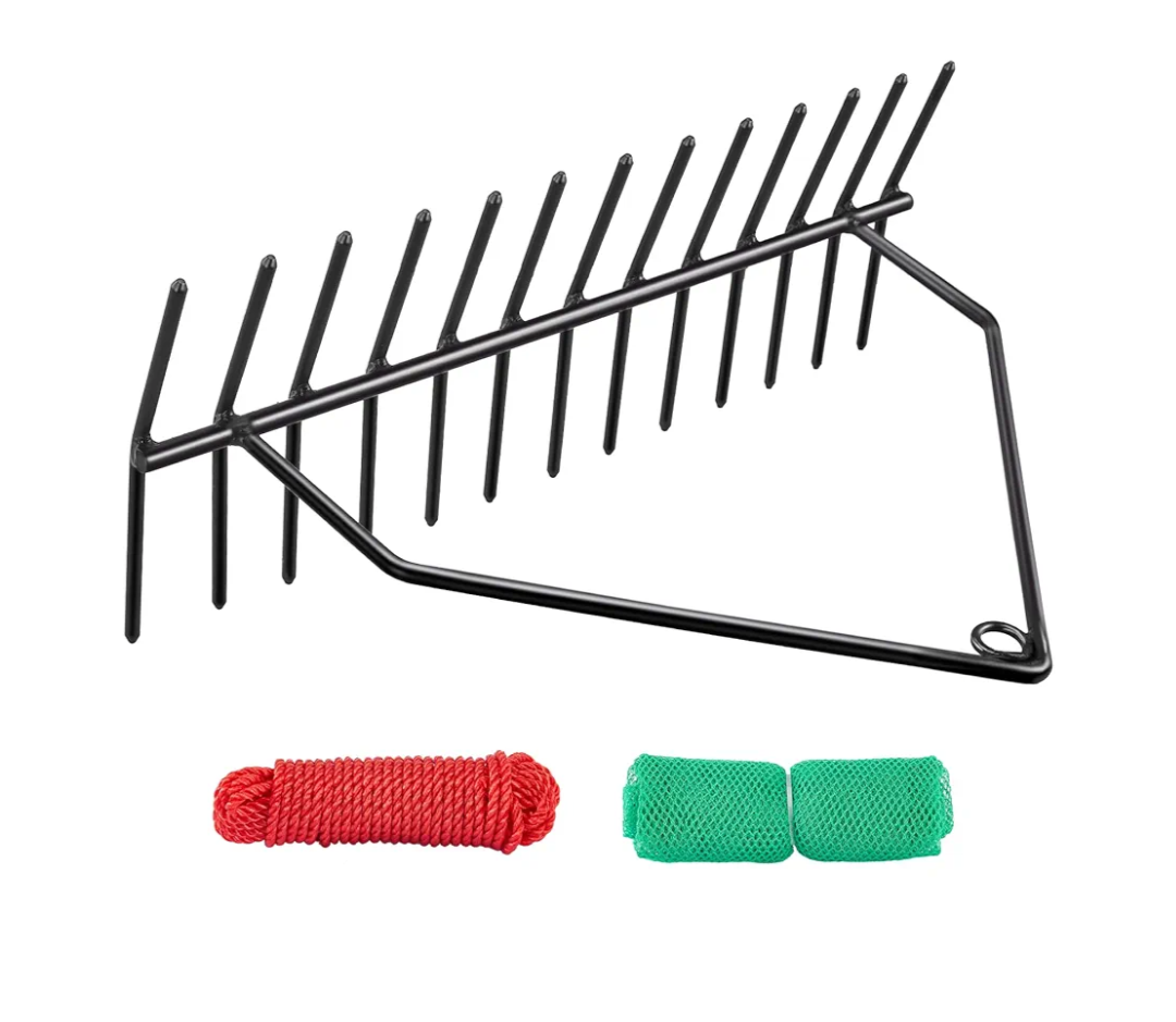 24" Aquatic Weed Rake, No Assembly Required, 8.6" Steel Rod Lake Weed Cutter, One-Piece Welding, Lake Weed Rake for Pond Beach Landscaping, Perfect Tie Hole, 30ft Thicker Rope and Net, Black.