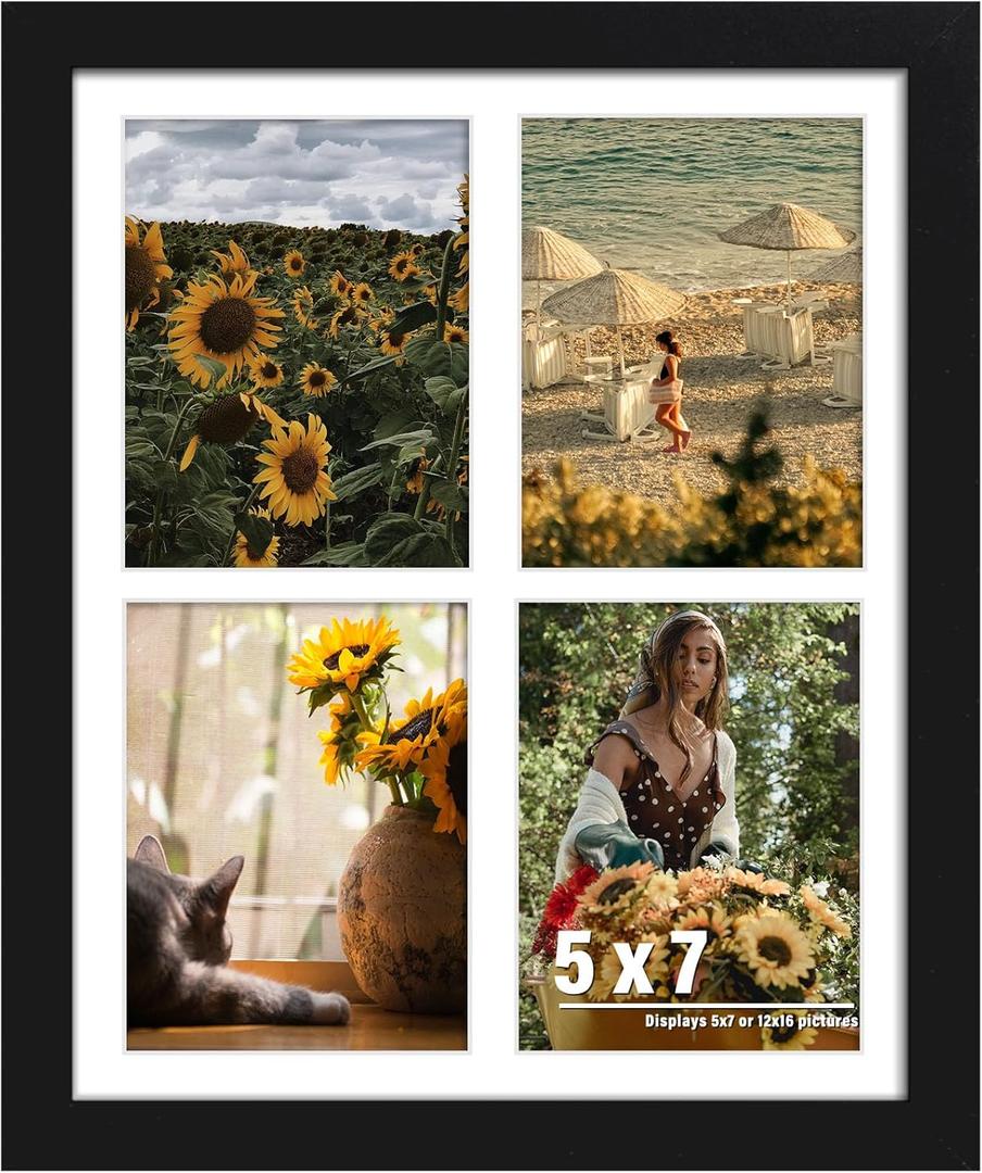 12x16 Picture Frame, 5x7 Collage Picture Frame, Displays Four 5x7 inch Photos, or 12x16 (Without Mat) for Horizontal Wall Mounting Display and Vertical, Black.